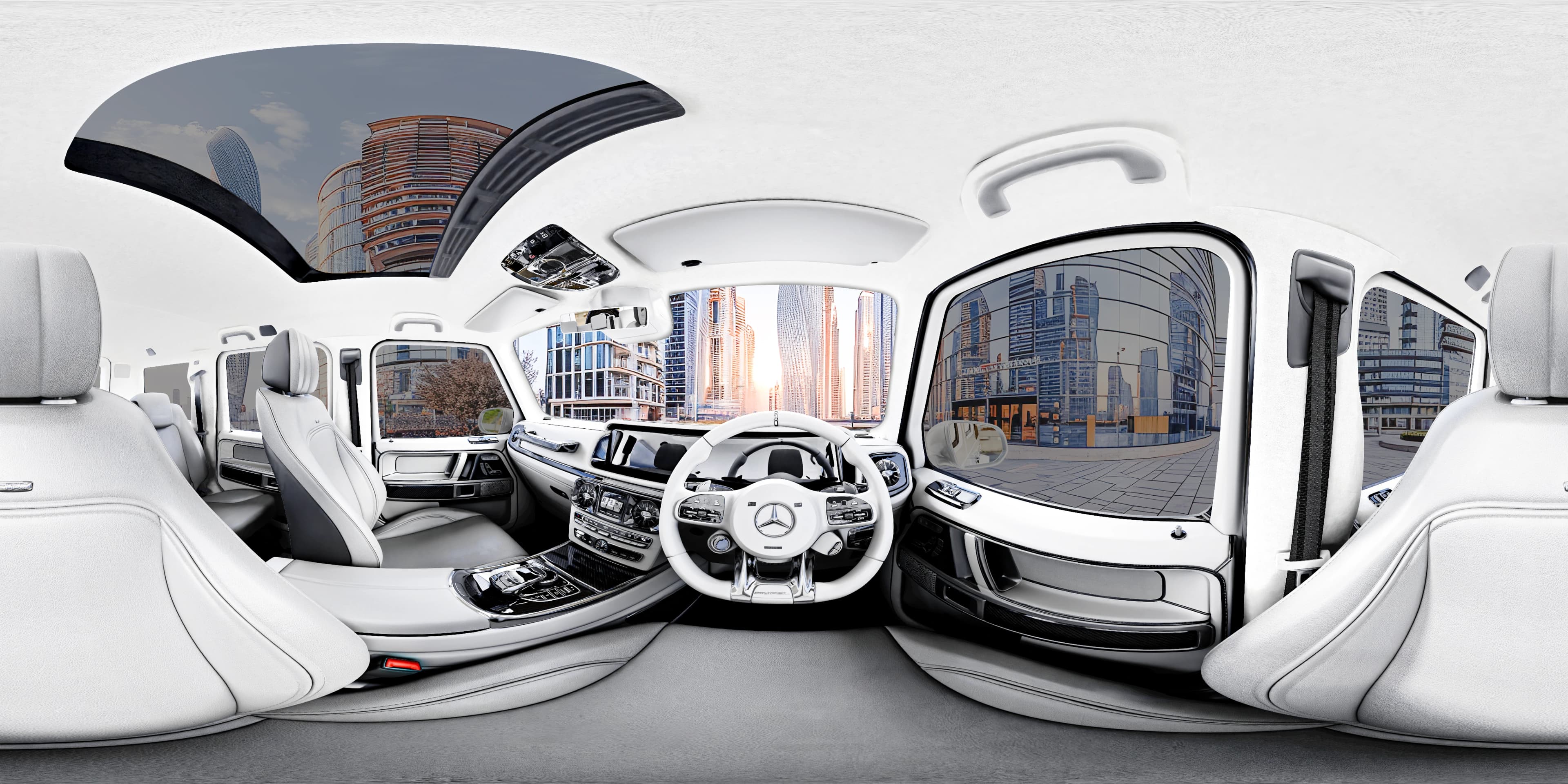 Mercedes G-Class interior rendered in the configurator, viewed across the dashboard