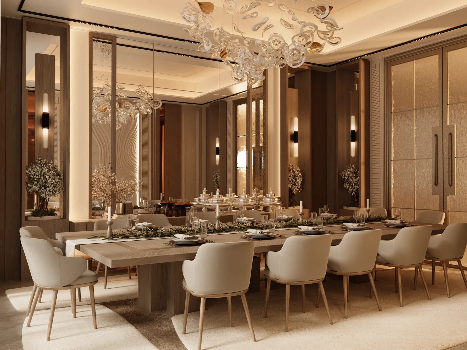 CGI visualisation of a private dining room with a sculpted feature wall and glass chandelier