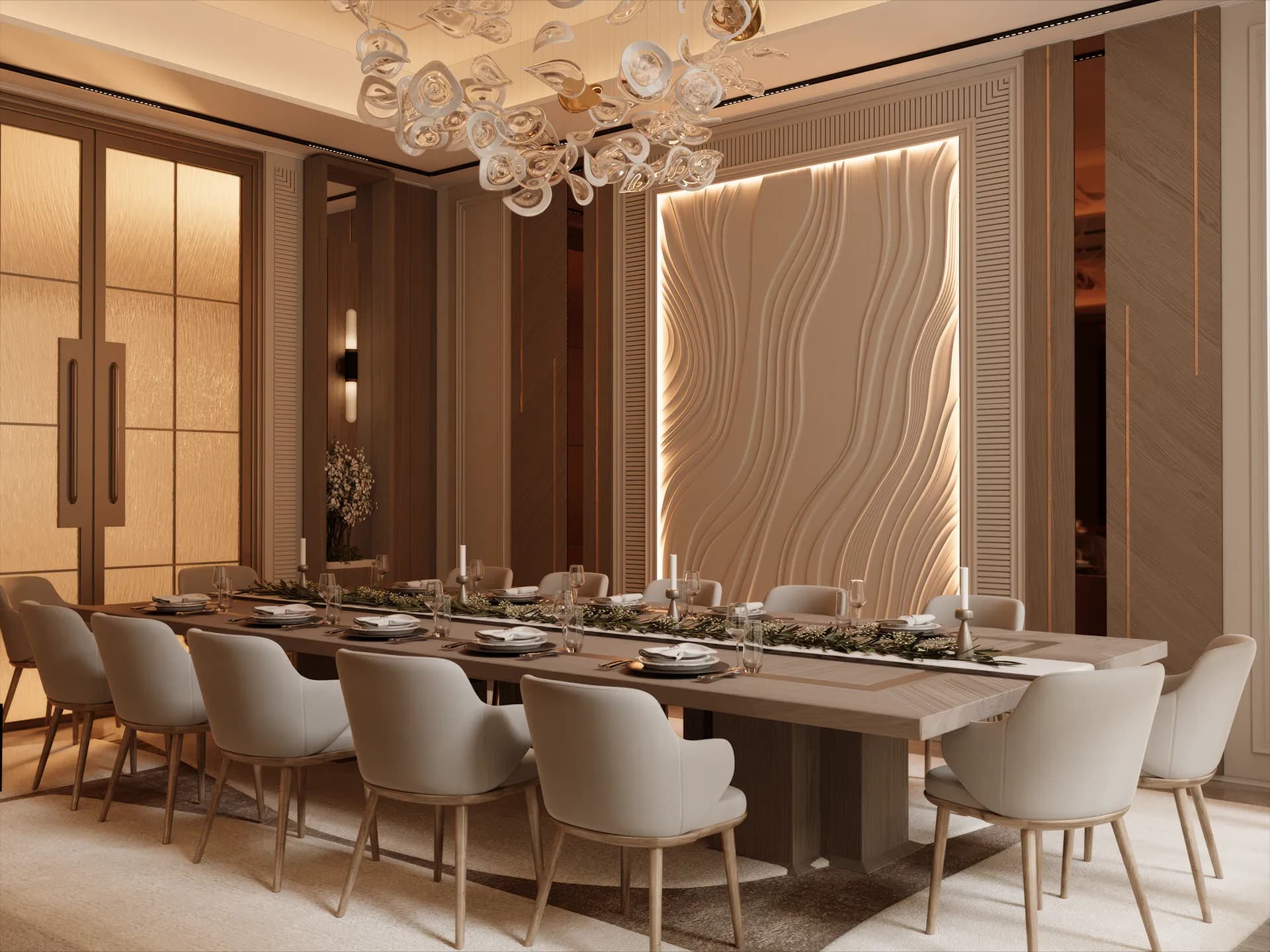 Private dining room visualisation with backlit sculpted wall panel and set table