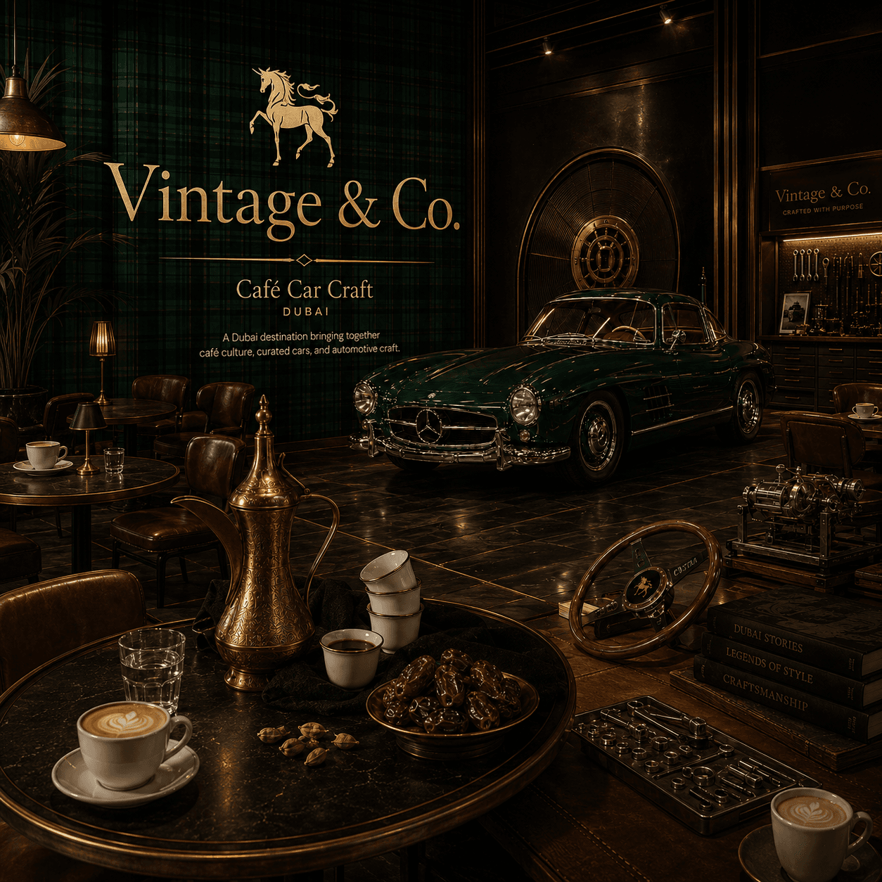 Vintage & Co brand key visual — a green classic Mercedes in a wood-panelled Dubai cafe interior